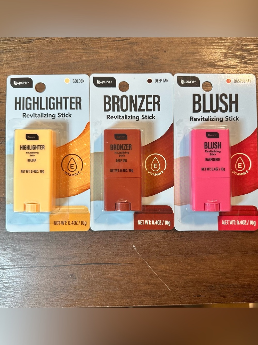 B Pure Revitalizing Sticks Golden Highlighter, Deep Tan Bronzer, Raspberry Blush